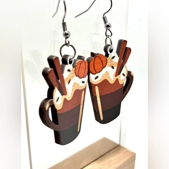 NWT Pumpkin Spice Latte Drop Dangle Earrings Lightweight Wood Fall Autumn - Picture 2 of 11